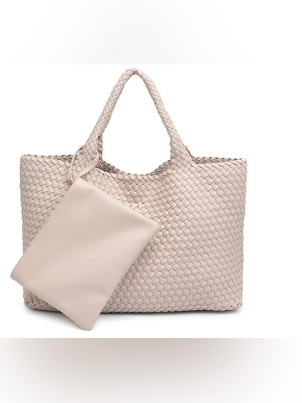 Solana Vegan Leather Woven Tote Bag with Detachable Pouch - Cream